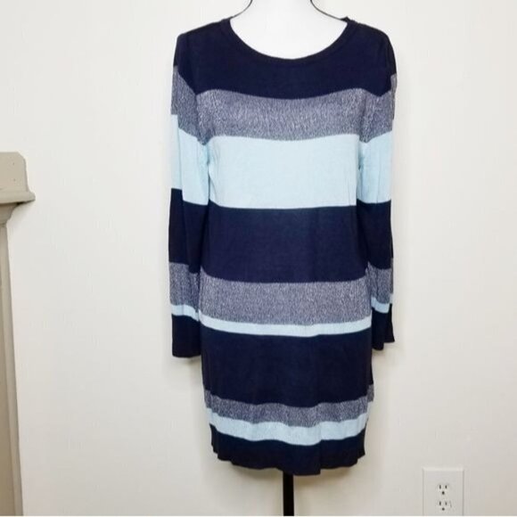 SIMPLY EMMA Blue & Silver Striped Metallic Lurex Sweater Tunic Lightweight Sz 1X - Picture 1 of 7